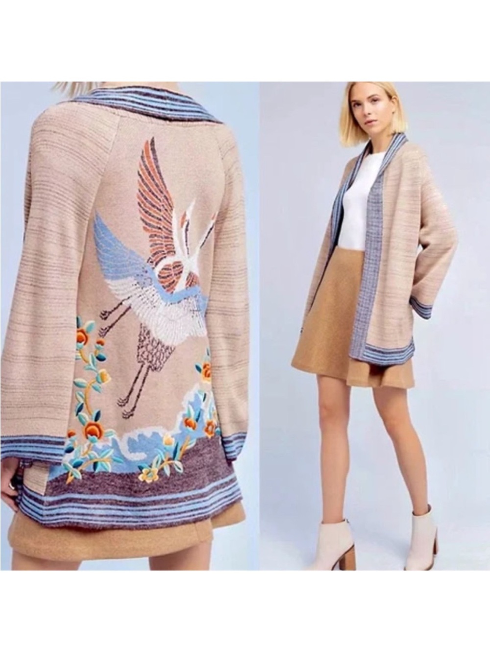 Anthropologie Beige Cardigan with Blue Trim and Crane Motif